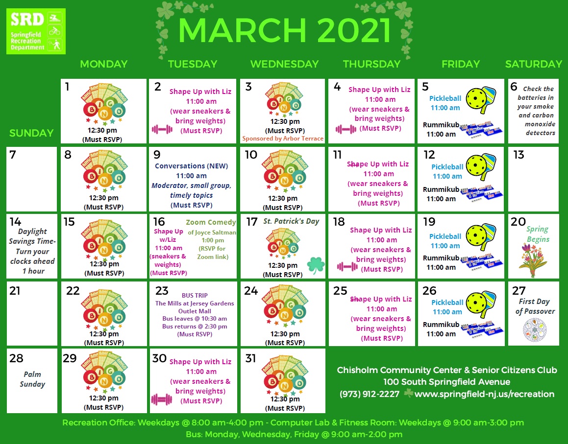 Recreation Department Releases March Calendar for Senior Citizens